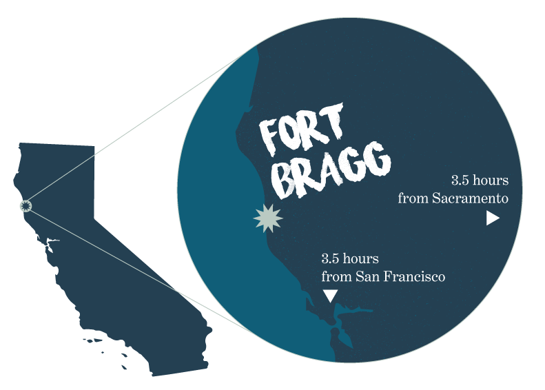 Stylized map of Northern California, highlighting Fort Bragg.